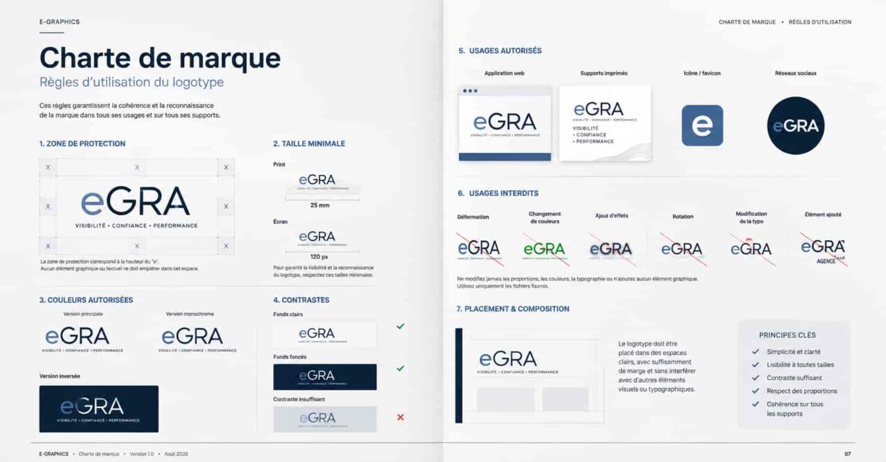 Page de charte présentant zone de protection, tailles, contrastes et règles d’usage du logotype.