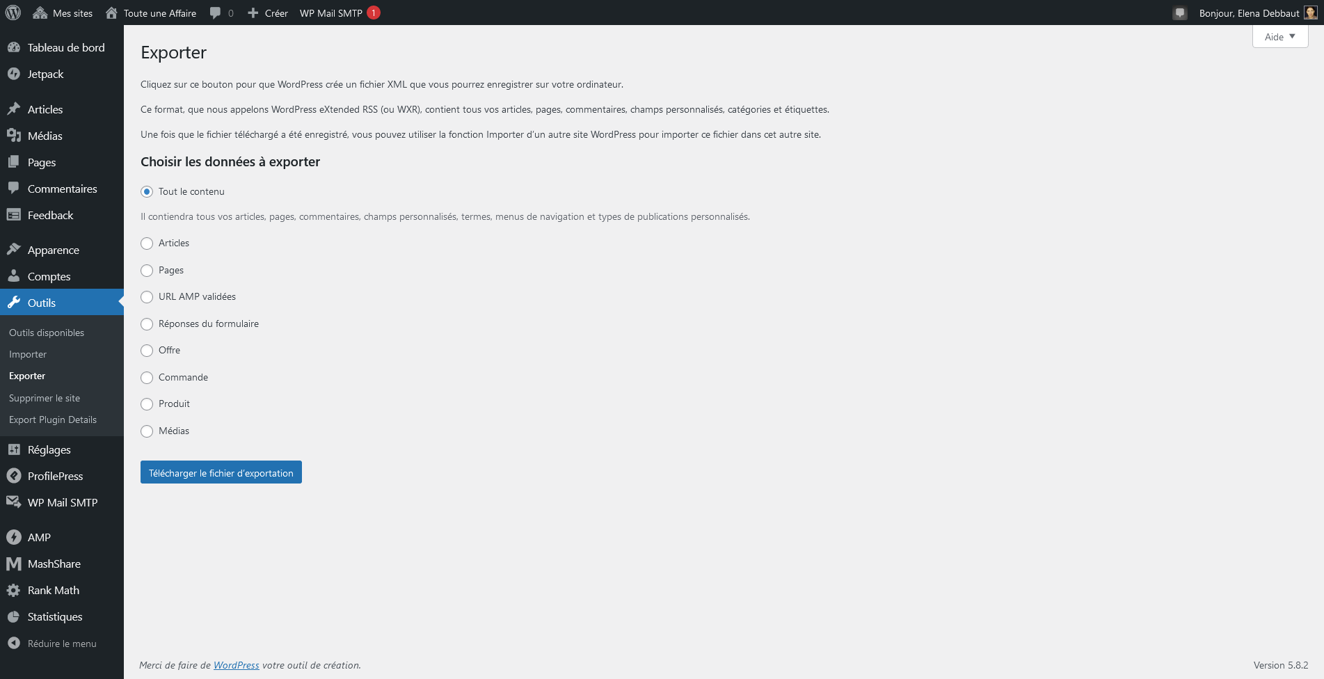 exemple exportation données WordPress